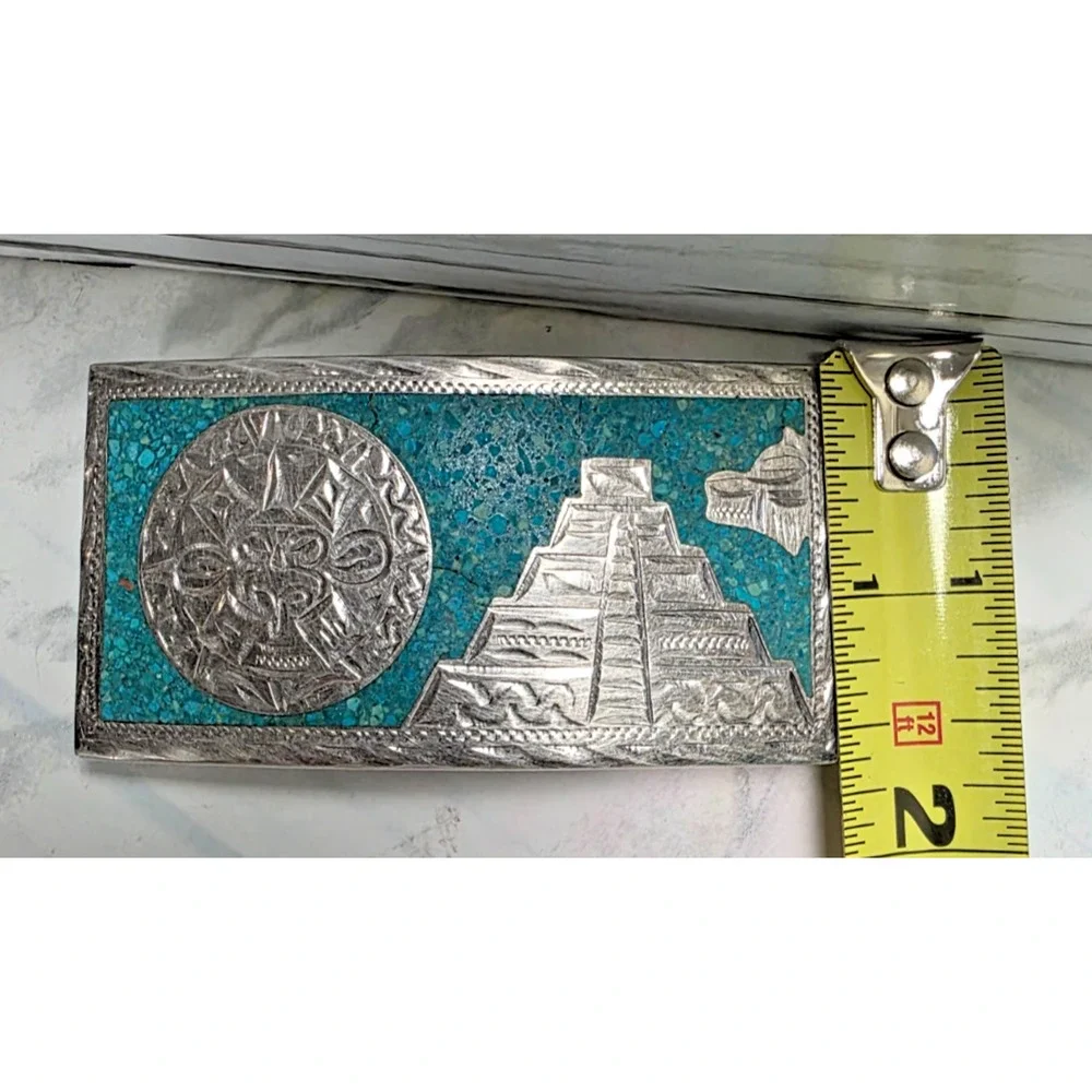 VHLC Plata de Jalisco .925 Sterling Silver Turquoise Aztec Belt Buckle, Vintage
